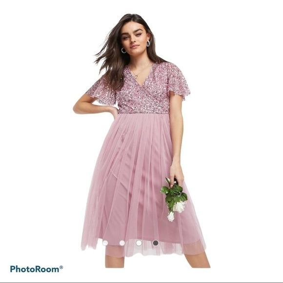 Maya Wrap Front Delicate Sequin Midi Dress - Picture 1 of 11